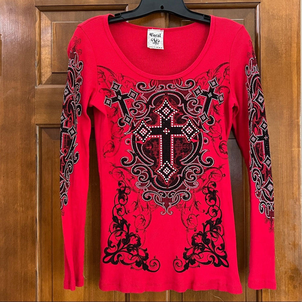 Vocal Black and Red long sleeve top w/ Black/White stones